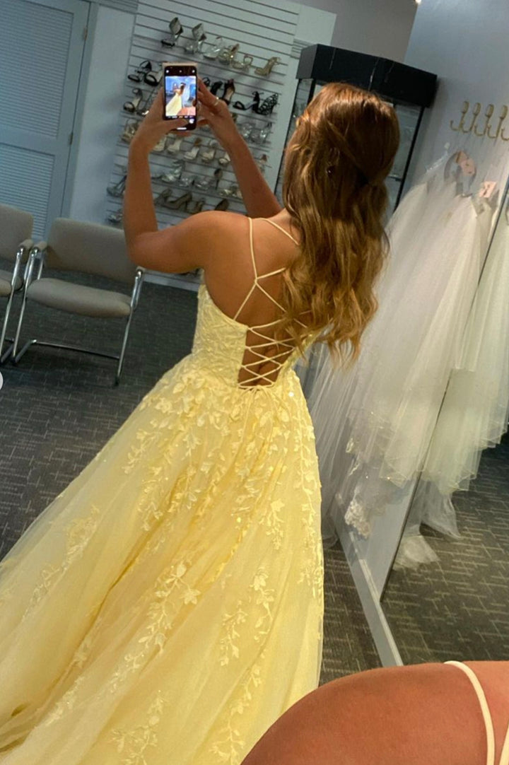 Luolandi Yellow Lace Long A-Line Prom Dresses Yellow Backless Evening Dresses Beautiful